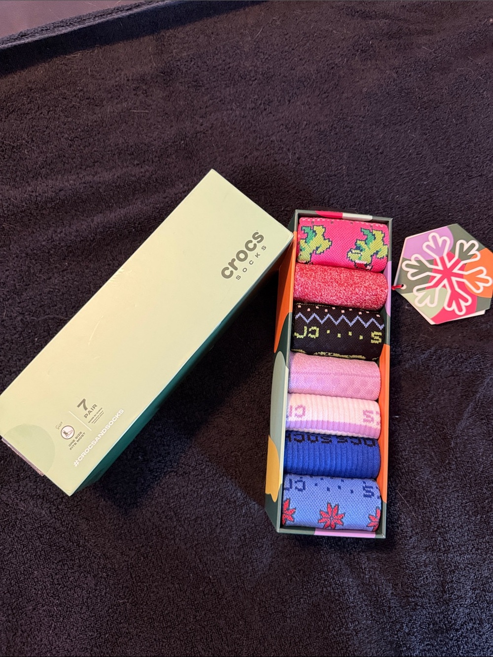 CROCS Assorted Patterned Crew Socks - Pink, Black, Blue, Purple in KIDS SIZE